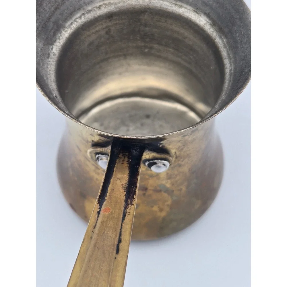 Vintage Brass Turkish Coffee Pot Ibrik Tin-Lined Brass Handle Deep Patina Rustic
